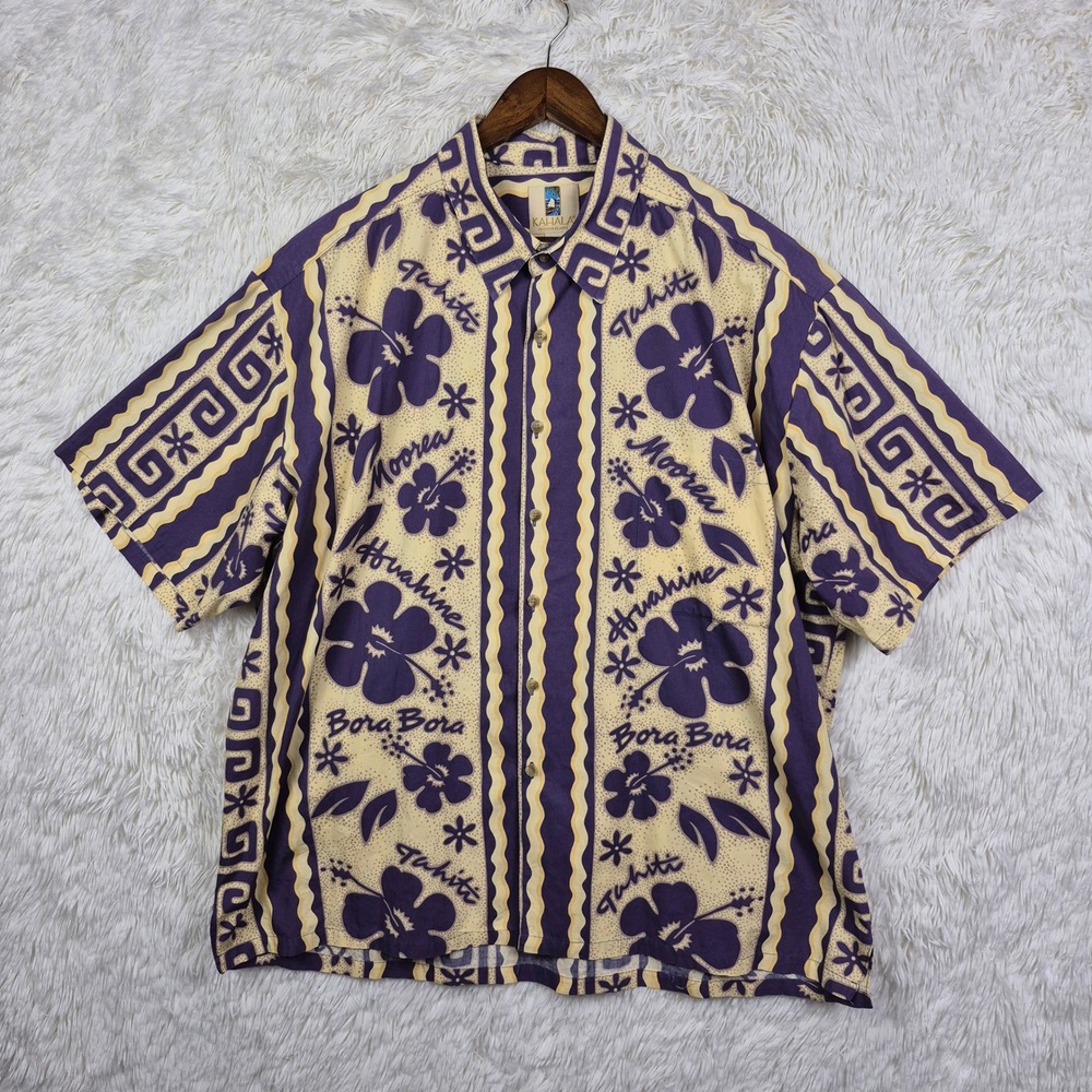 Vtg Kahala Mens XXL Purple Bora Bora Tahiti Cotton Hawaiian Aloha Shirt Island